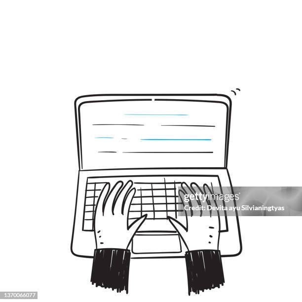 hand drawn doodle hand typing on laptop illustration vector isolated - working on laptop close up stock illustrations