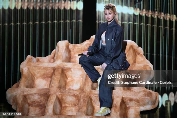 Singer Angele Van Laeken aka Angele performs on stage during the 37th Victoires de la Musique at La Seine Musicale on February 11, 2022 in...