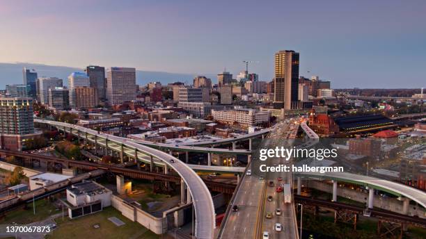 i-95 in richmond, virginia at dusk - aerial - virginia stock pictures, royalty-free photos & images