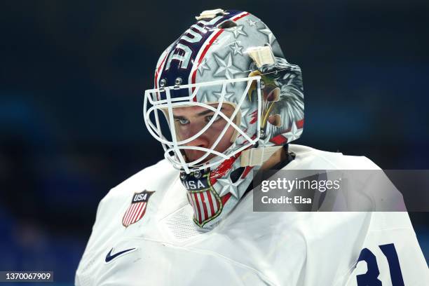 Goaltender Strauss Mann of Team United States looks on during the second period of the Men's Ice Hockey Preliminary Round Group A match between Team...
