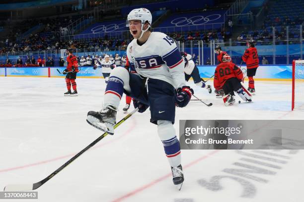 Brendan Brisson of Team United States reacts after scoring a goal against goaltender Eddie Pasquale of Team Canada in the second period during the...