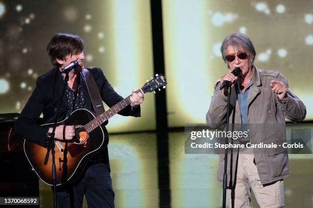 Singers Thomas Dutronc and his father Jacques Dutronc perform on stage during the 37th Victoires de la Musique at La Seine Musicale on February 11,...