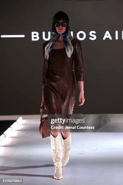 Model walks the runway wearing Gaucho – Buenos Aires at Runway 7 Debuts Fall 2022 Collections during New York Fashion Week on February 11, 2022 in...