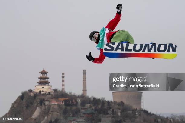 Leon Vockensperger of Team Germany performs a trick during a Snowboard Big Air training session on day 8 of the Beijing 2022 Winter Olympics at Big...