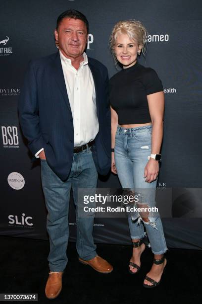 Ed Orgeron and guest attend the Ladylike Foundation Bowling Classic at Lucky Strike LA Live on February 11, 2022 in Los Angeles, California.