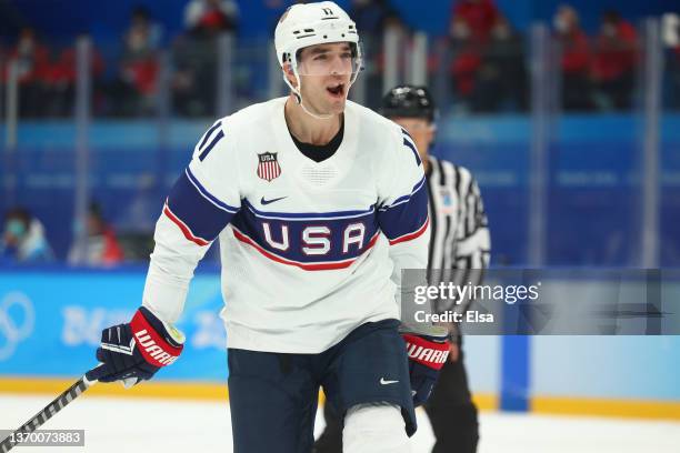 Kenny Agostino of Team United States reacts after scoring a goal in the third period of the Men's Ice Hockey Preliminary Round Group A match between...