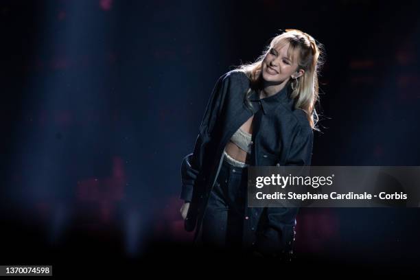 Singer Angele Van Laeken aka Angele performs on stage during the 37th Victoires de la Musique at La Seine Musicale on February 11, 2022 in...