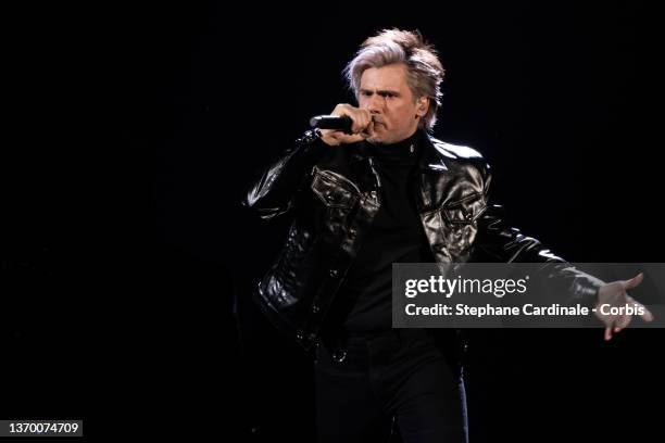 Singer Aurelien Cotentin aka Orelsan performs on stage during the 37th Victoires de la Musique at La Seine Musicale on February 11, 2022 in...