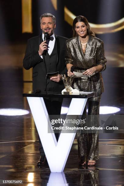 Masters of Ceremony French-Belgian TV host Olivier Minne and TV host Laury Thilleman on stage the during the 37th Victoires de la Musique at La Seine...