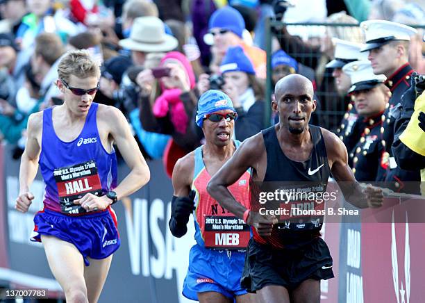 Meb Keflezighi, Abdi Abdirahman and Ryan Hall compete in the U.S. Marathon Olympic Trials January 14, 2012 in Houston, Texas.