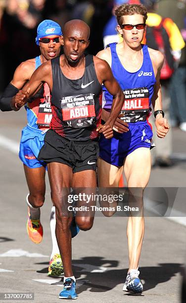 Meb Keflezighi, Abdi Abdirahman and Ryan Hall compete in the U.S. Marathon Olympic Trials January 14, 2012 in Houston, Texas.