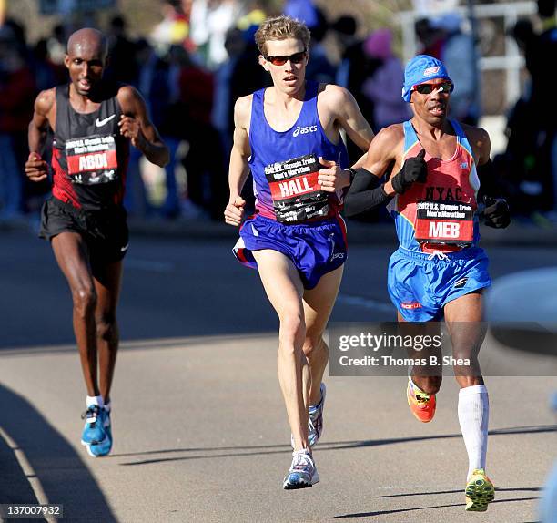 Meb Keflezighi, Ryan Hall and Abdi Abdirahman compete in the U.S. Marathon Olympic Trials January 14, 2012 in Houston, Texas.