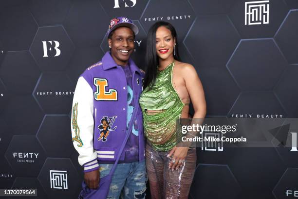 Rocky and Rihanna pose for a picture as they celebrate her beauty brands Fenty Beauty and Fenty Skinat Goya Studios on February 11, 2022 in Los...