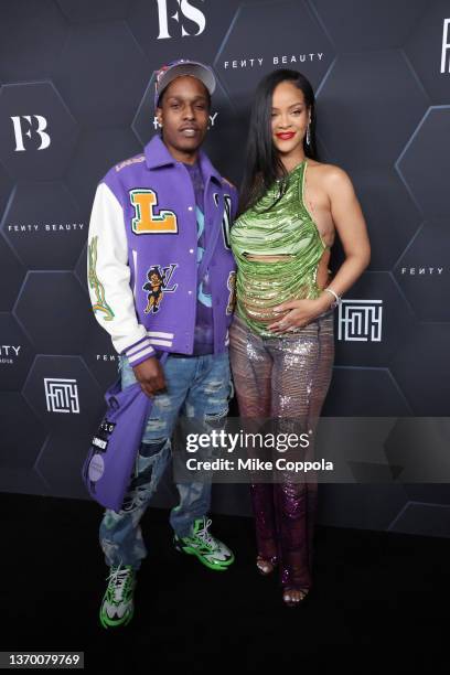 Rocky and Rihanna pose for a picture as they celebrate her beauty brands Fenty Beauty and Fenty Skinat Goya Studios on February 11, 2022 in Los...