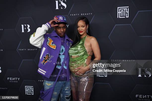 Rocky and Rihanna pose for a picture as they celebrate her beauty brands Fenty Beauty and Fenty Skinat Goya Studios on February 11, 2022 in Los...