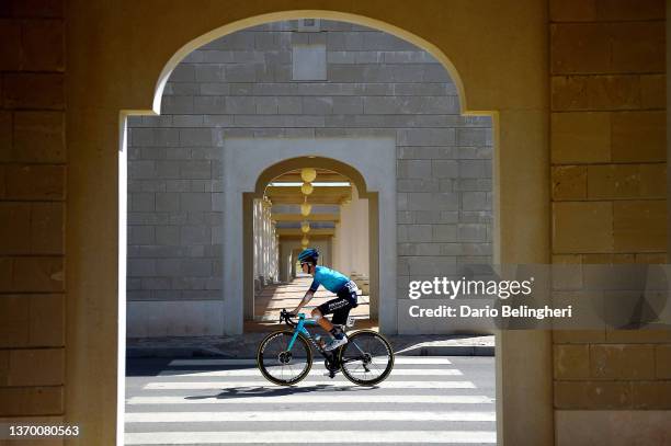 Alexandre Vinokourov of Kazahkstan and Astana Qazaqstan Development Team crosses Arab arches prior to the 11th Tour Of Oman 2022 - Stage 3 a 180km...