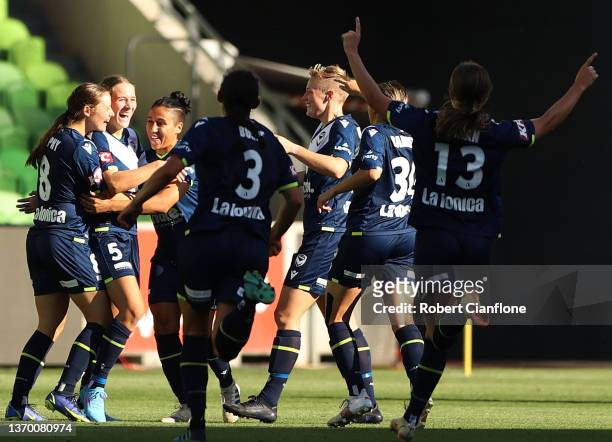 Courtney Nevin of the Victory celebrates after scoring a goal during the round 11 A-League Women's match between Melbourne Victory and Western Sydney...