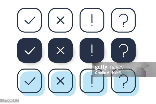 illustrations, cliparts, dessins animés et icônes de coche, croix, point d’interrogation, point d’exclamation, signes vectoriels à lignes minces - point dexclamation