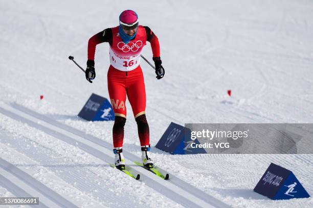 Chi Chunxue of Team China competes during the Women's Cross-Country Skiing 4 x 5km Relay on Day 8 of the Beijing 2022 Winter Olympics at the National...