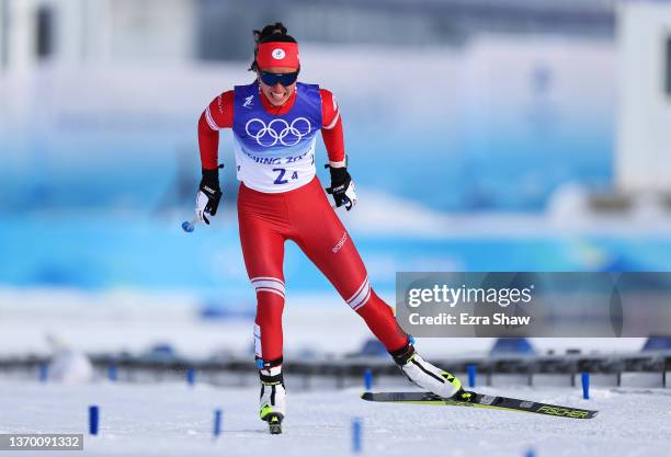 Veronika Stepanova of Team ROC competes during the Women's Cross-Country 4x5km Relay on Day 8 of the Beijing 2022 Winter Olympics at The National...