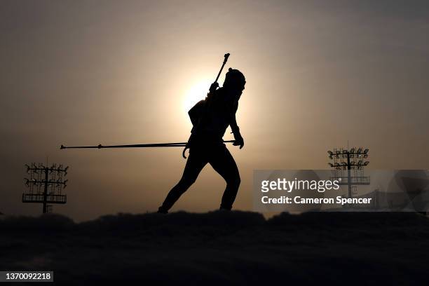 An athlete warms up ahead of competing during Men's Biathlon 10km Sprint at National Biathlon Centre on day 8 of 2022 Beijing Winter Olympics on...