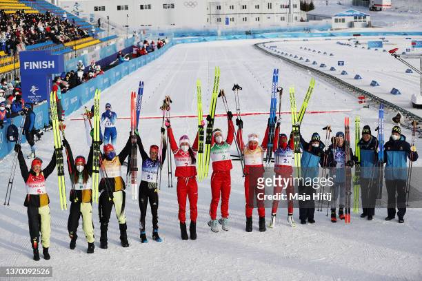 Gold medallists Yulia Stupak, Natalia Nepryaeva, Tatiana Sorina and Veronika Stepanova of Team ROC , Silver medallists Katherine Sauerbrey, Katharina...