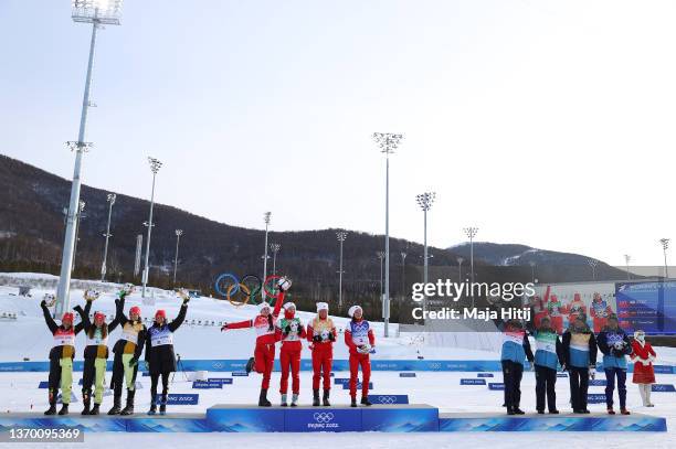 Gold medallists Yulia Stupak, Natalia Nepryaeva, Tatiana Sorina and Veronika Stepanova of Team ROC , Silver medallists Katherine Sauerbrey, Katharina...