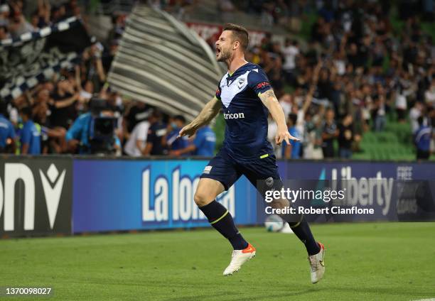 Brendan Hamill of the Victory celebrates after scoring a goal later ruled out by VAR during the round 14 A-League men's match between Melbourne...