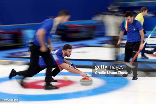 Sebastiano Arman, Amos Mosaner and Simone Gonin of Team Italy compete against Team China during the Men's Round Robin Curling Session on Day 8 of the...