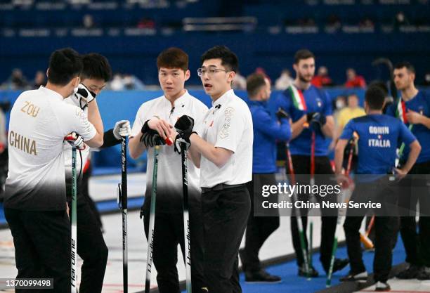 Qiang Zou, Zhiyu Wang, Xiuyue Ma and Jingtao Xu of Team China compete against Team Italy during the Men's Round Robin Curling Session on Day 8 of the...