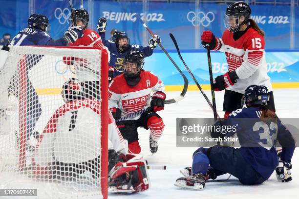 Ayaka Toko of Team Japan reacts in the third period during the Women's Ice Hockey Quarterfinal match between Team Finland and Team Japan on Day 8 of...