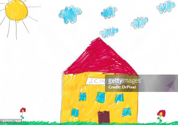 child's drawing of a schoolhouse, sun, clouds, grass and flowers - blue house red door stock pictures, royalty-free photos & images