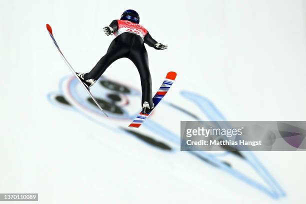 Ryoyu Kobayashi of Team Japan competes during the Men's Large Hill Individual Trial Round for Competition on Day 8 of Beijing 2022 Winter Olympics at...
