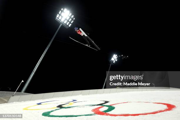 Ryoyu Kobayashi of Team Japan competes during the Men's Large Hill Individual Trial Round for Competition on Day 8 of Beijing 2022 Winter Olympics at...