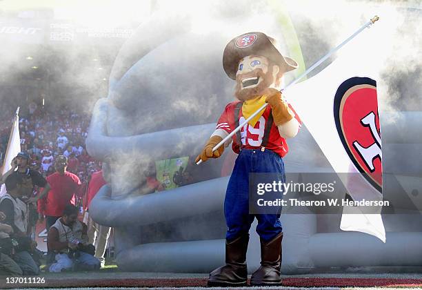 The San Francisco 49ers mascot Sourdough Sam performs before the NFC Divisional playoff game against the New Orleans Saints at Candlestick Park on...