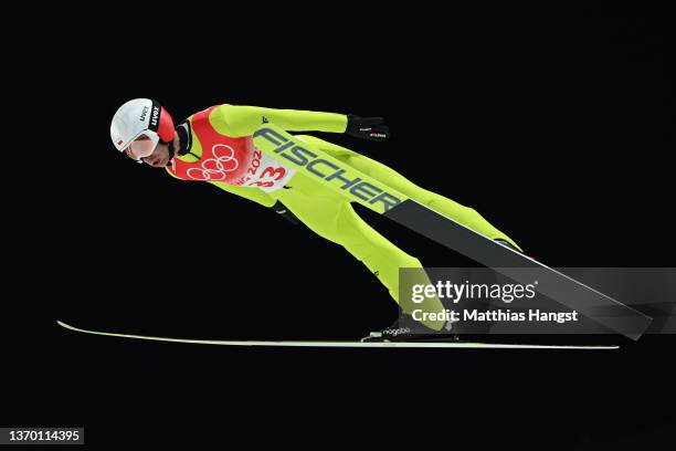 Kamil Stoch of Team Poland competes during the Men's Large Hill Individual First Round for Competition on Day 8 of Beijing 2022 Winter Olympics at...