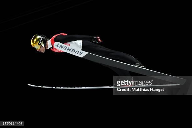 Manuel Fettner of Team Austria competes during the Men's Large Hill Individual First Round for Competition on Day 8 of Beijing 2022 Winter Olympics...