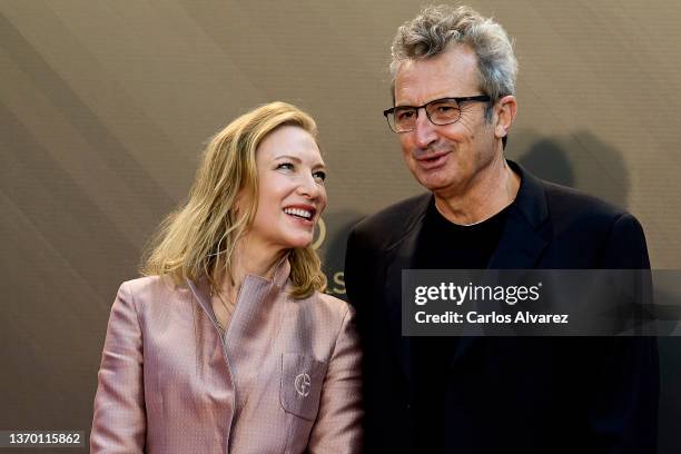 Actress Cate Blanchett and Academia de Cine President Mariano Barroso pose at the "Goya International' Award photocall 2022 at Palau De Les Arts on...