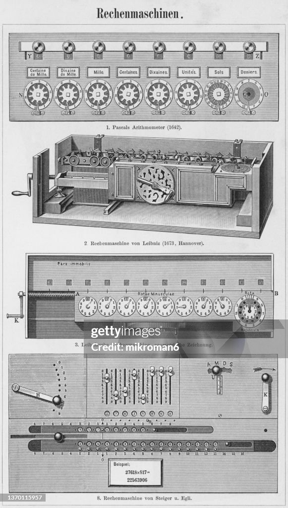 Old Math Machine Old Engraved Illustration Of Old Calculating Machines High-Res Stock ...