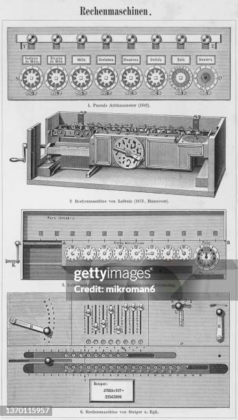 old engraved illustration of old calculating machines - blaise pascal stock pictures, royalty-free photos & images