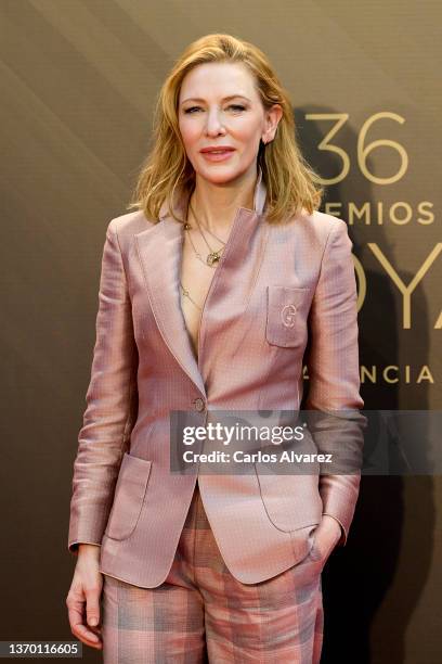 Actress Cate Blanchett poses at the "Goya International' Award photocall 2022 at Palau De Les Arts on February 12, 2022 in Valencia, Spain.