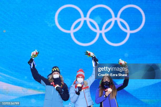 Gold medallist Marte Olsbu Roeiseland of Team Norway , Silver medallist Elvira Oeberg of Team Sweden and Bronze medallist Dorothea Wierer of Team...