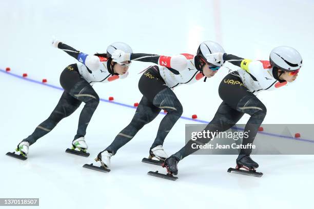 Team Japan : Nana Takagi, Ayano Sato and Miho Takagi of Japan skate during the Women's Team Pursuit Quarterfinals Speed Skating on day 8 of the...