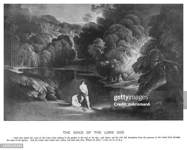 old engraved illustration of the voice of the lord god in eden - adam and eve in garden stockfoto's en -beelden