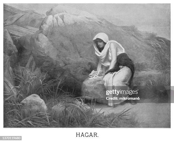 old engraved illustration of the departure of hagar - woman slavery stockfoto's en -beelden