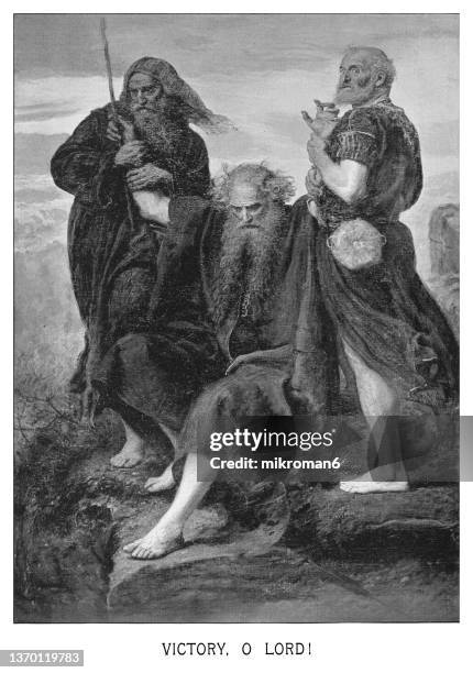 old engraved illustration of aaron and hur held moses hands up - moses fotografías e imágenes de stock