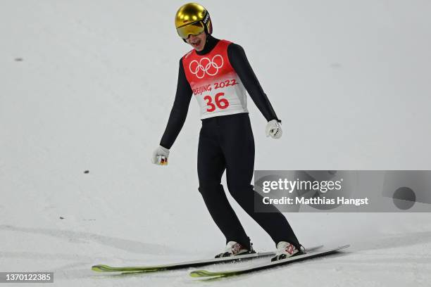 Constantin Schmid of Team Germany reacts during the Men's Large Hill Individual Final Round on Day 8 of Beijing 2022 Winter Olympics at National Ski...