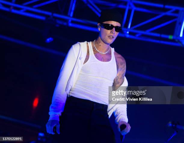 Justin Bieber performs at 'HOMECOMING WEEKEND' Hosted By The h.wood Group & REVOLVE, Presented By PLACES.CO and Flow.com, Produced By Uncommon...