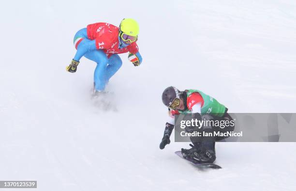 Lindsey Jacobellis of Team United States competes in the final during the Mixed Team Snowboard Cross on Day 8 of the Beijing 2022 Winter Olympics at...