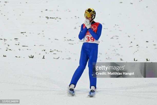 Timi Zajc of Team Slovenia reacts during the Men's Large Hill Individual Final Round on Day 8 of Beijing 2022 Winter Olympics at National Ski Jumping...